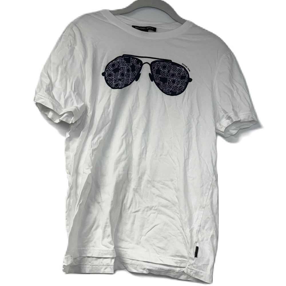 Michael Kors Boys M white short sleeve t-shirt navy sunglass logo designer lux